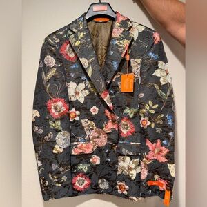 TALLIA Black Floral Jacquard Blazer with Multicolor Blooms
